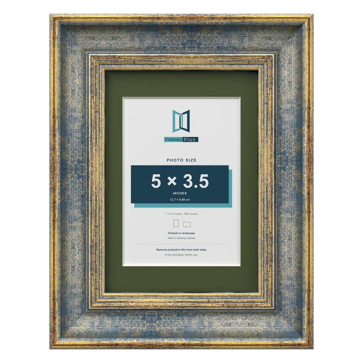 Cassis Blue 7 x 5 inch picture frame with a green mount for a 5 x 3.5 inch photo