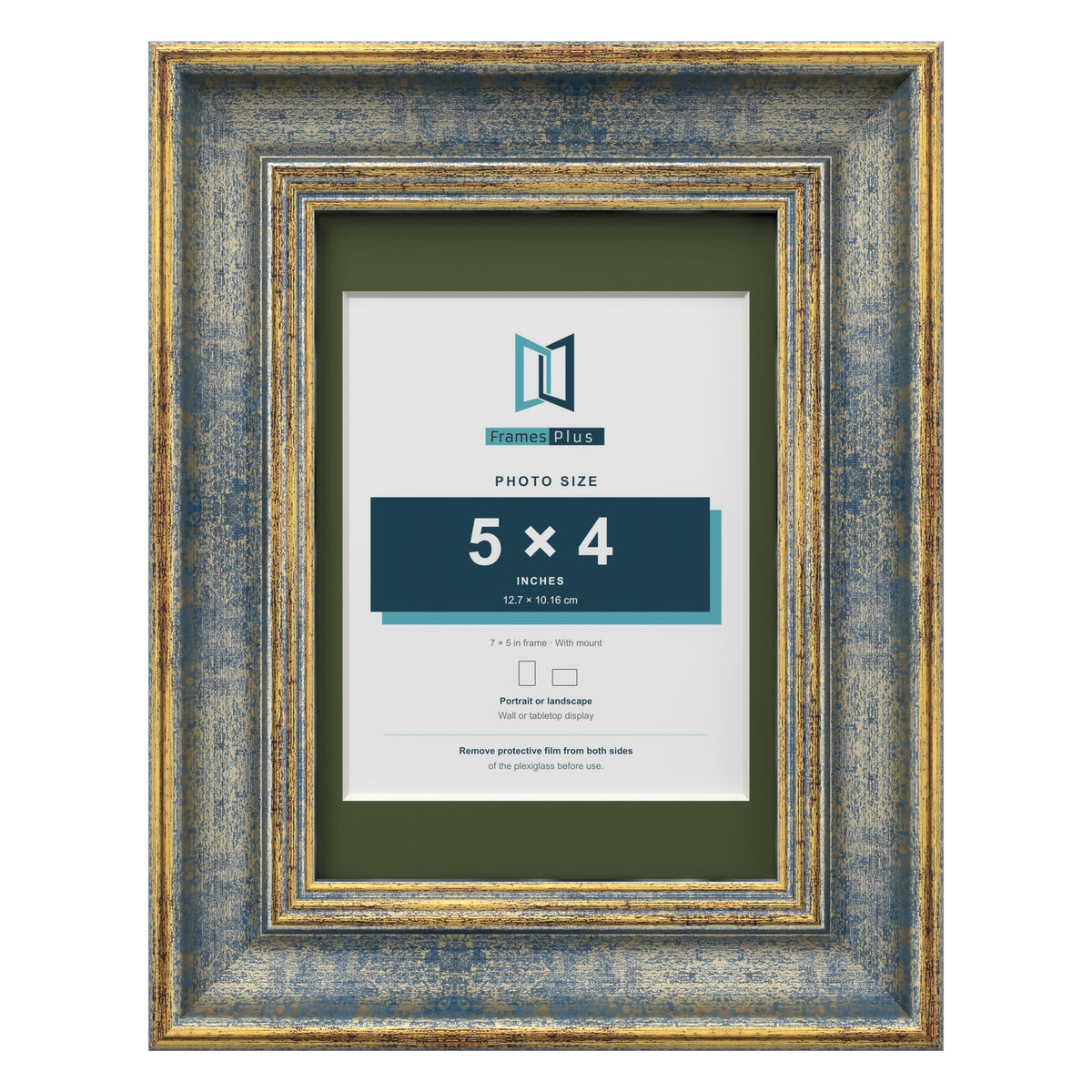 Cassis Blue 7 x 5 inch picture frame with a green mount for a 5 x 4 inch photo