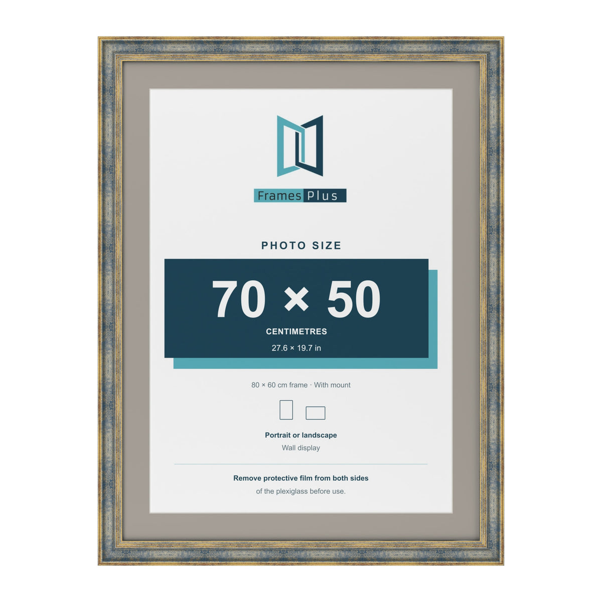 Cassis Blue 80 x 60 cm picture frame with a dawn grey mount for a 70 x 50 cm photo