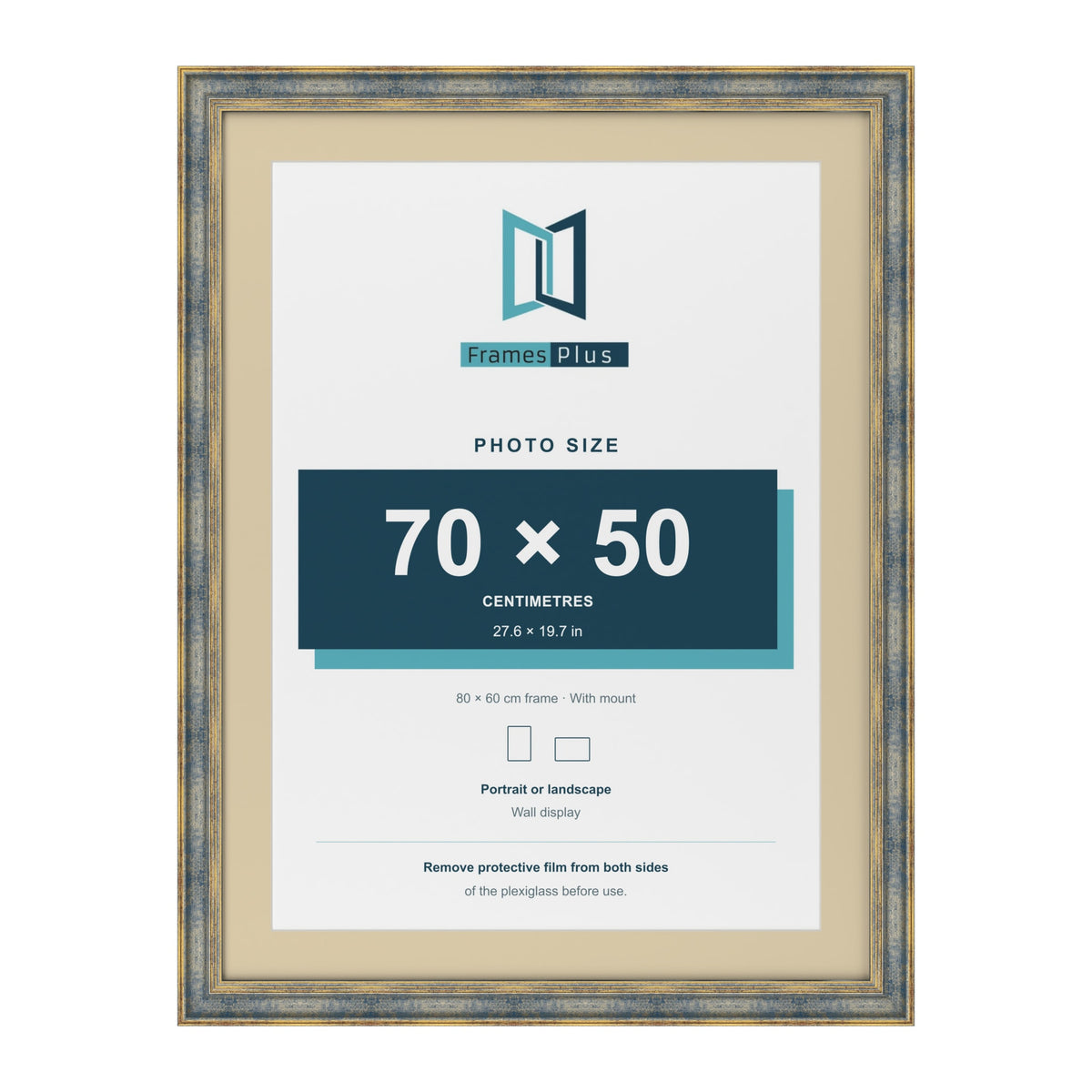 Cassis Blue 80 x 60 cm picture frame with an ivory mount for a 70 x 50 cm photo