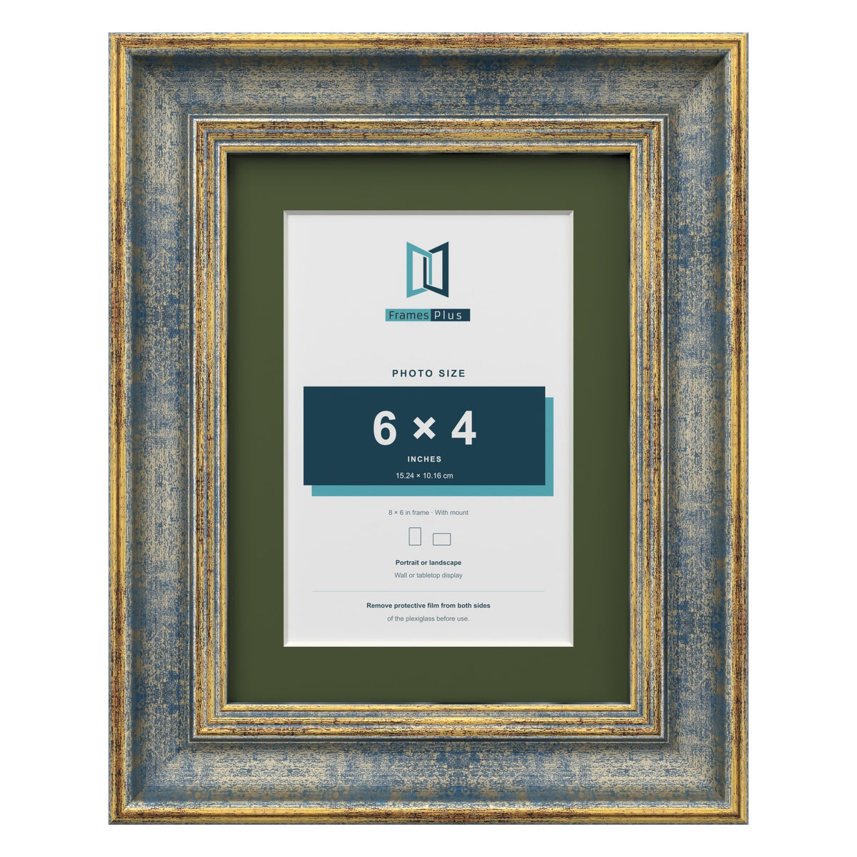 Cassis Blue 8 x 6 inch picture frame with a green mount for a 6 x 4 inch photo