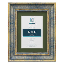 Cassis Blue 8 x 6 inch picture frame with a green mount for a 6 x 4 inch photo