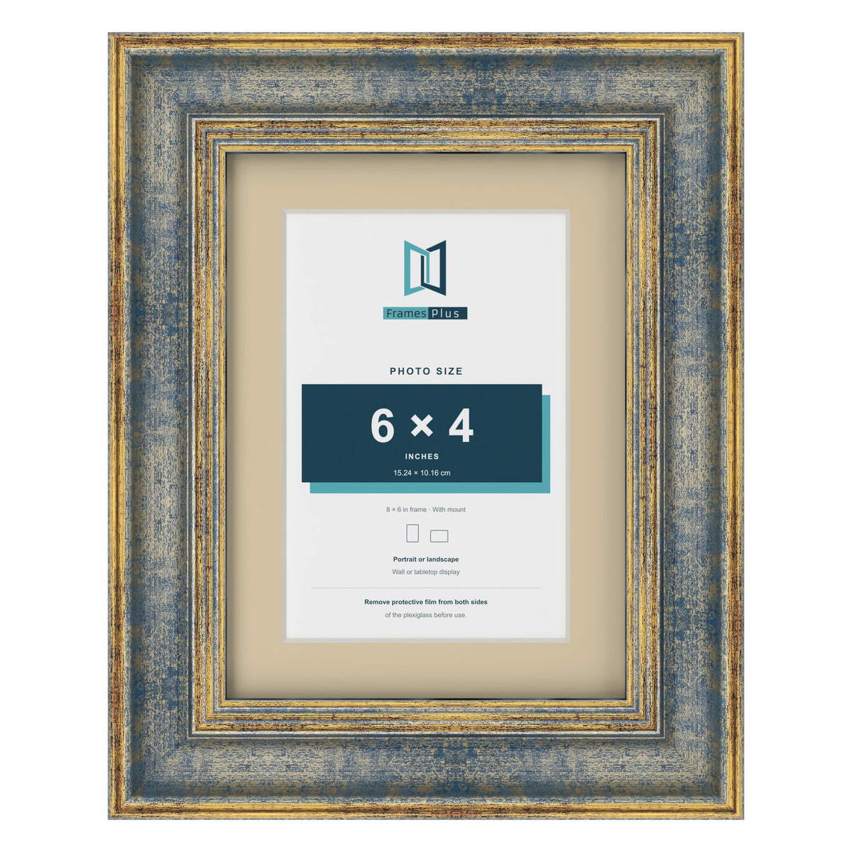 Cassis Blue 8 x 6 inch picture frame with an ivory mount for a 6 x 4 inch photo