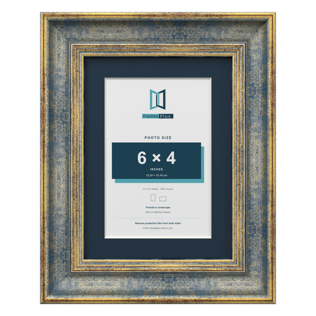 Cassis Blue 8 x 6 inch picture frame with a pacific blue mount for a 6 x 4 inch photo