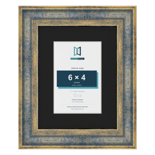 Cassis Blue 9 x 7 inch picture frame with a black mount for a 6 x 4 inch photo