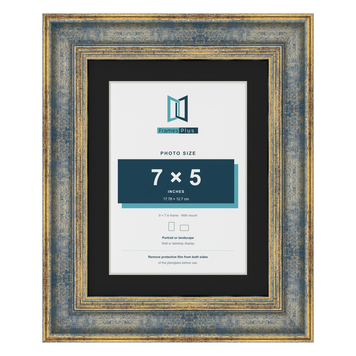 Cassis Blue 9 x 7 inch picture frame with a black mount for a 7 x 5 inch photo