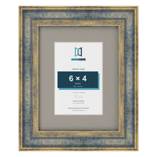 Cassis Blue 9 x 7 inch picture frame with a dawn grey mount for a 6 x 4 inch photo