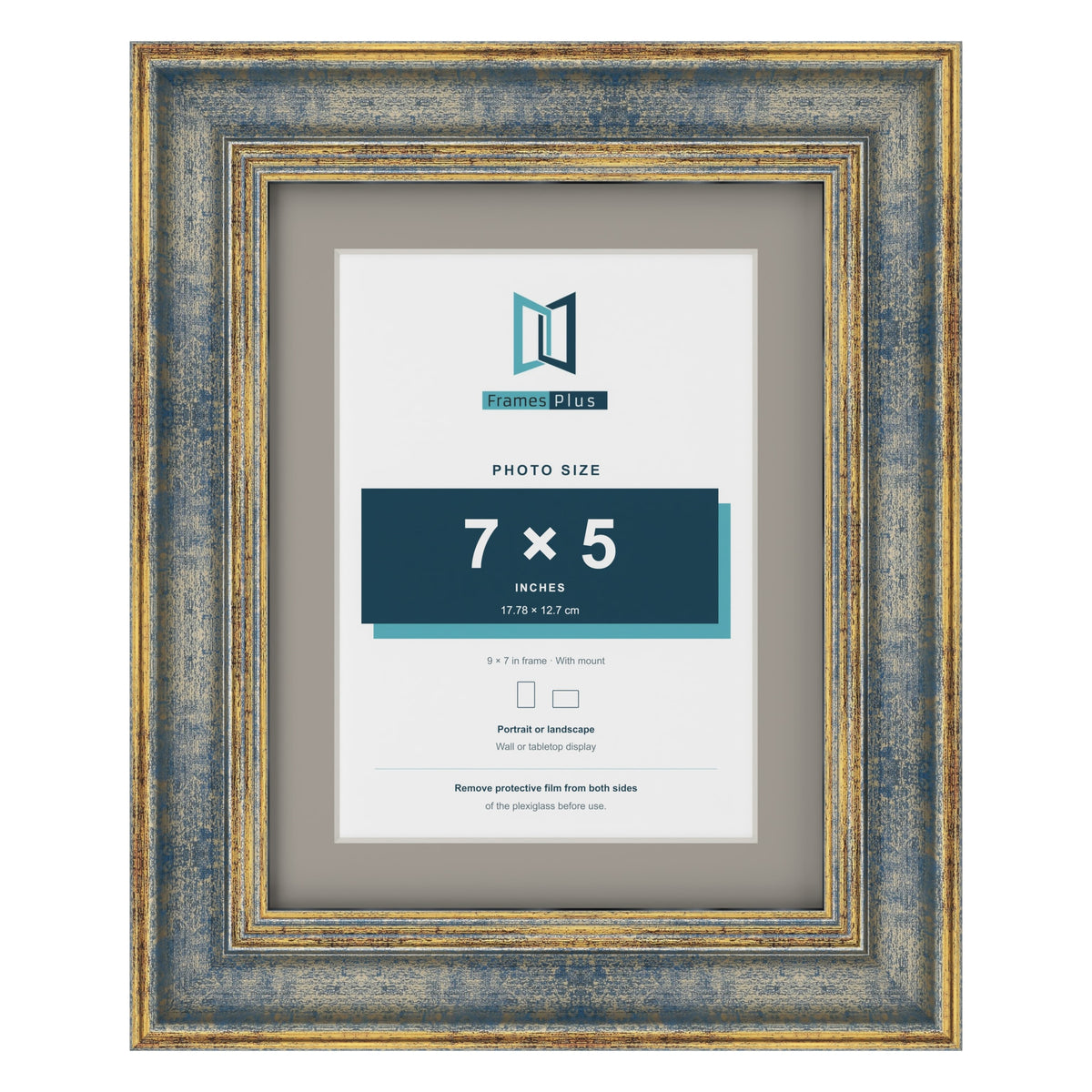 Cassis Blue 9 x 7 inch picture frame with a dawn grey mount for a 7 x 5 inch photo
