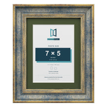 Cassis Blue 9 x 7 inch picture frame with a green mount for a 7 x 5 inch photo