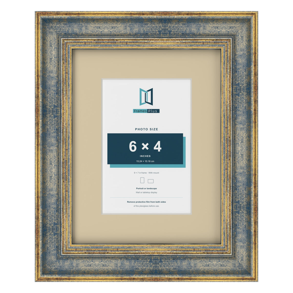 Cassis Blue 9 x 7 inch picture frame with an ivory mount for a 6 x 4 inch photo