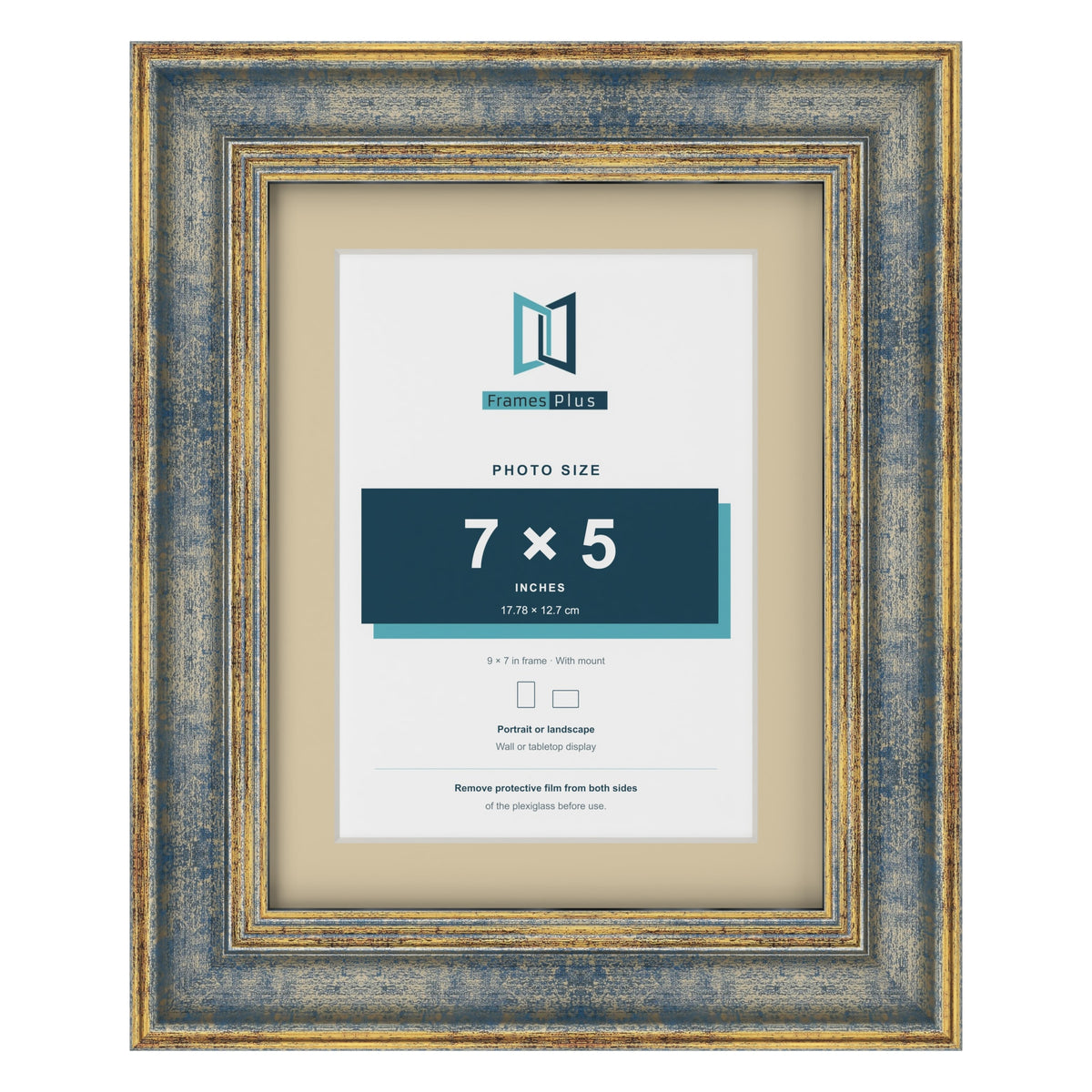Cassis Blue 9 x 7 inch picture frame with an ivory mount for a 7 x 5 inch photo
