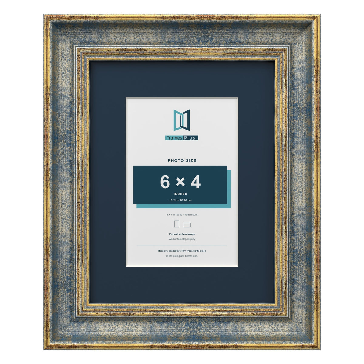 Cassis Blue 9 x 7 inch picture frame with a pacific blue mount for a 6 x 4 inch photo