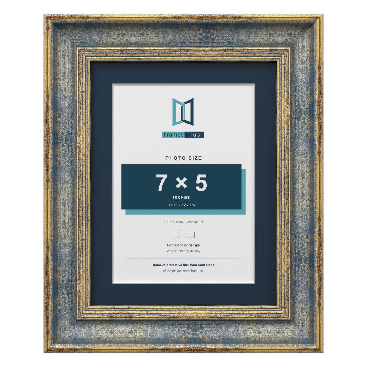 Cassis Blue 9 x 7 inch picture frame with a pacific blue mount for a 7 x 5 inch photo