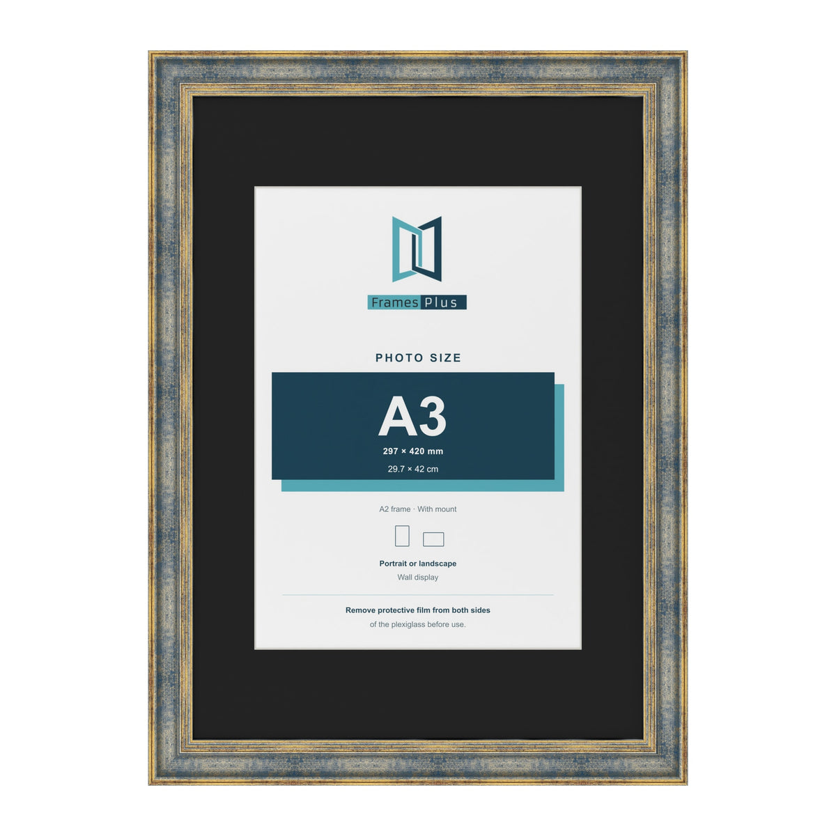 Cassis Blue A2 picture frame with a black mount for an A3 photo