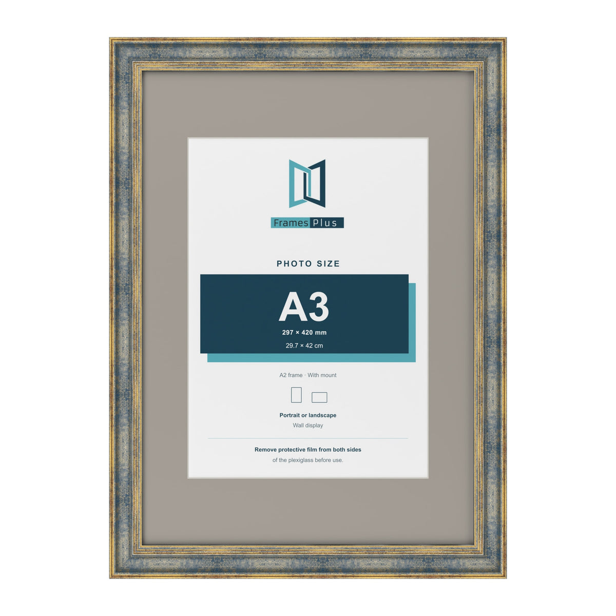 Cassis Blue A2 picture frame with a dawn grey mount for an A3 photo