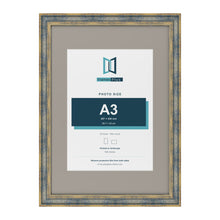 Cassis Blue A2 picture frame with a dawn grey mount for an A3 photo