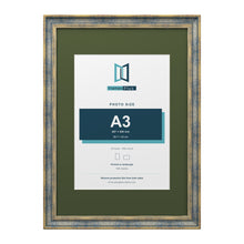 Cassis Blue A2 picture frame with a green mount for an A3 photo