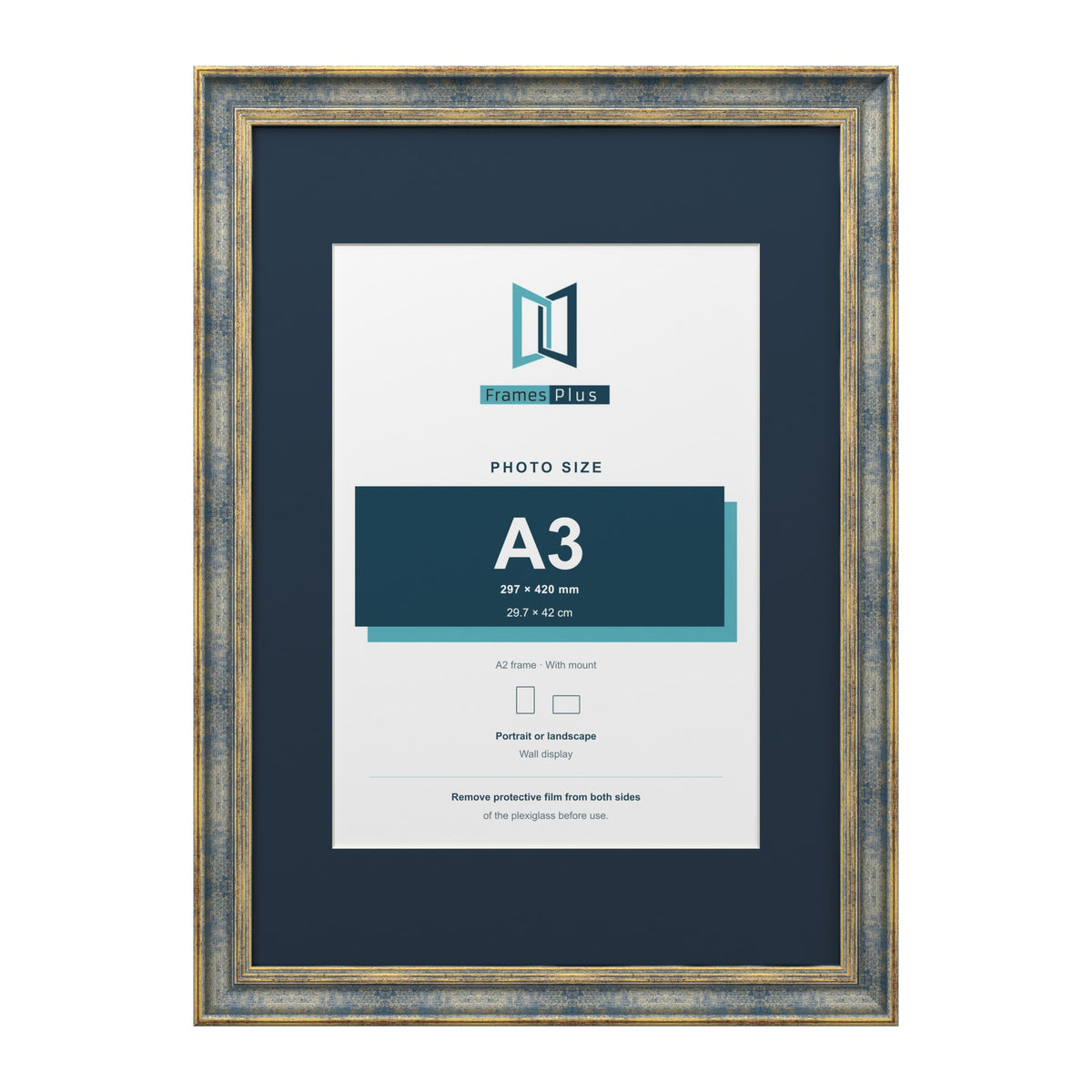Cassis Blue A2 picture frame with a pacific blue mount for an A3 photo