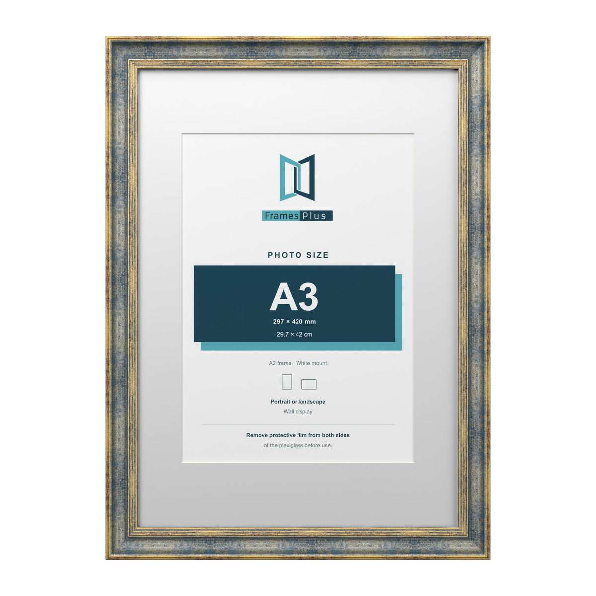 Cassis Blue A2 picture frame with a white mount for an A3 photo