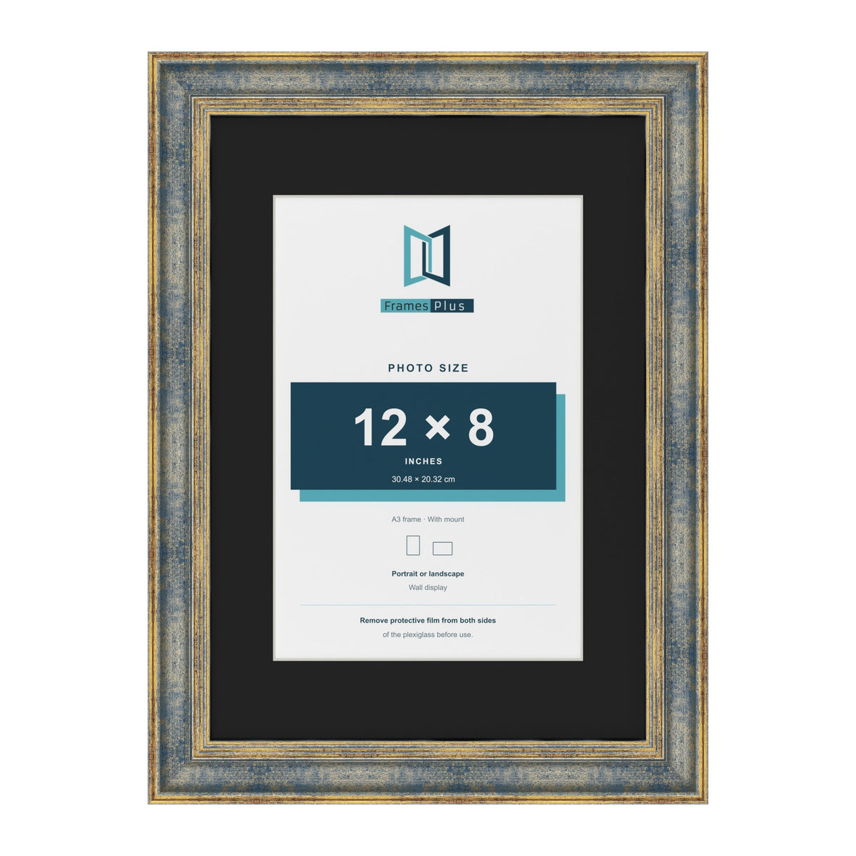 Cassis Blue A3 picture frame with a black mount for a 12 x 8 inch photo