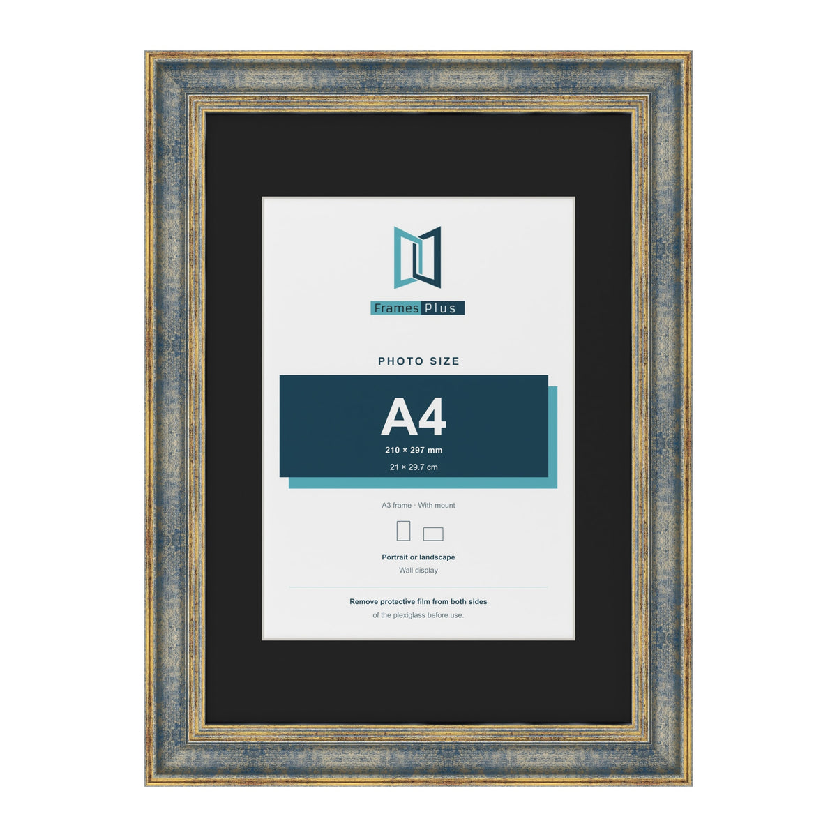 Cassis Blue A3 picture frame with a black mount for an A4 photo