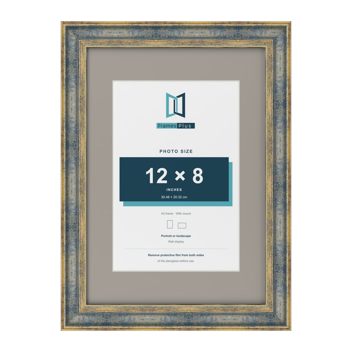 Cassis Blue A3 picture frame with a dawn grey mount for a 12 x 8 inch photo