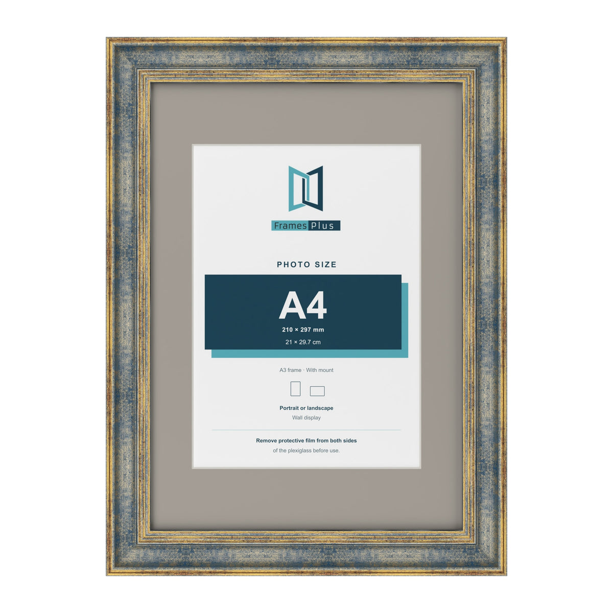 Cassis Blue A3 picture frame with a dawn grey mount for an A4 photo