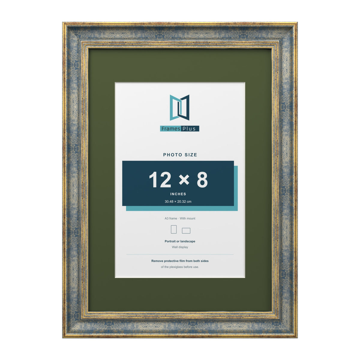 Cassis Blue A3 picture frame with a green mount for a 12 x 8 inch photo