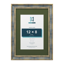 Cassis Blue A3 picture frame with a green mount for a 12 x 8 inch photo