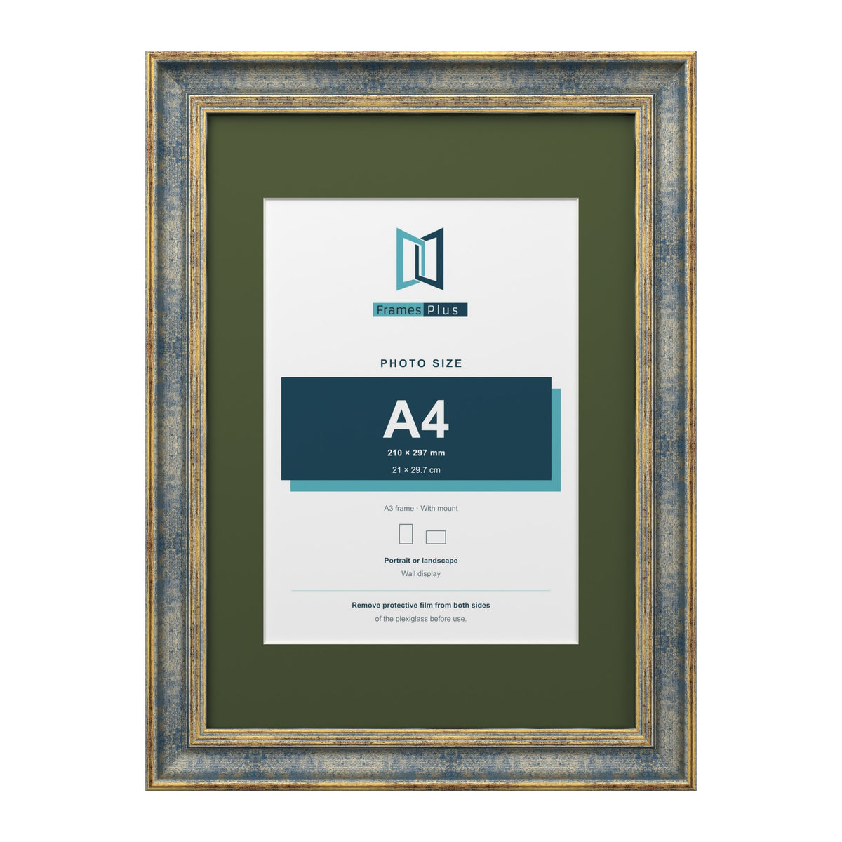 Cassis Blue A3 picture frame with a green mount for an A4 photo