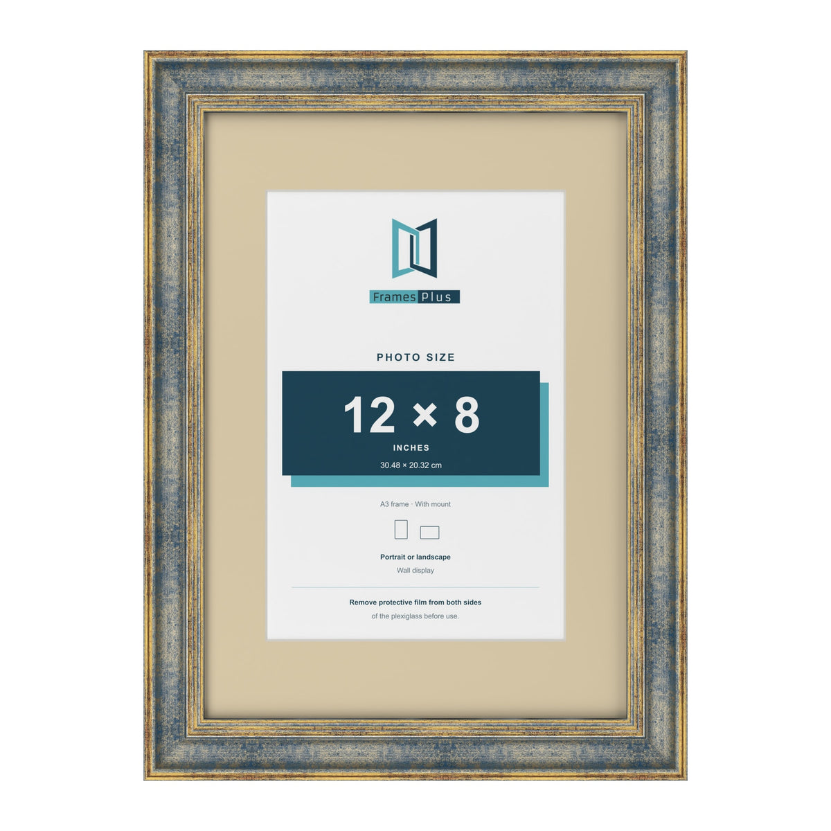 Cassis Blue A3 picture frame with an ivory mount for a 12 x 8 inch photo