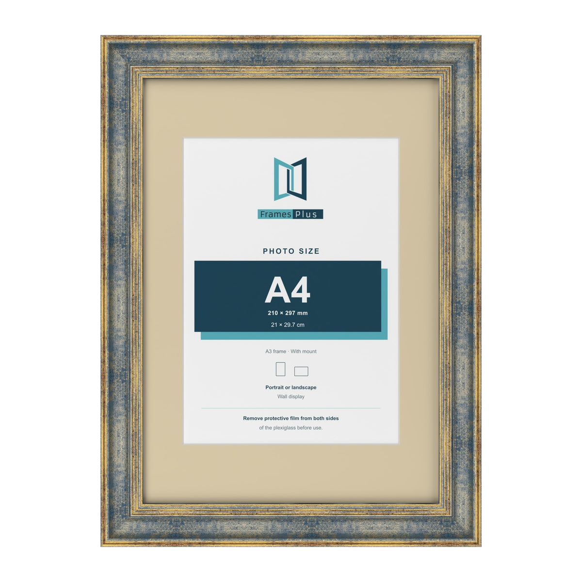 Cassis Blue A3 picture frame with an ivory mount for an A4 photo