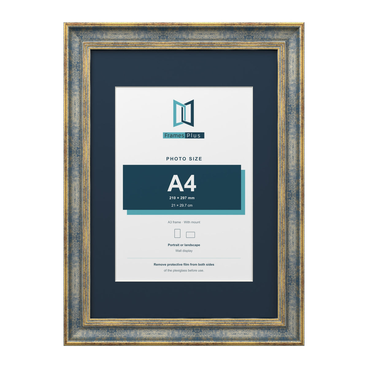 Cassis Blue A3 picture frame with a pacific blue mount for an A4 photo