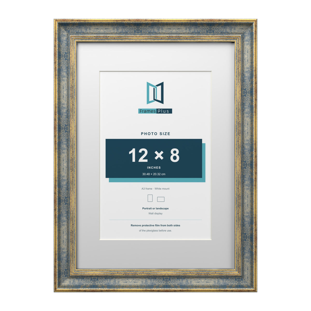 Cassis Blue A3 picture frame with a white mount for a 12 x 8 inch photo
