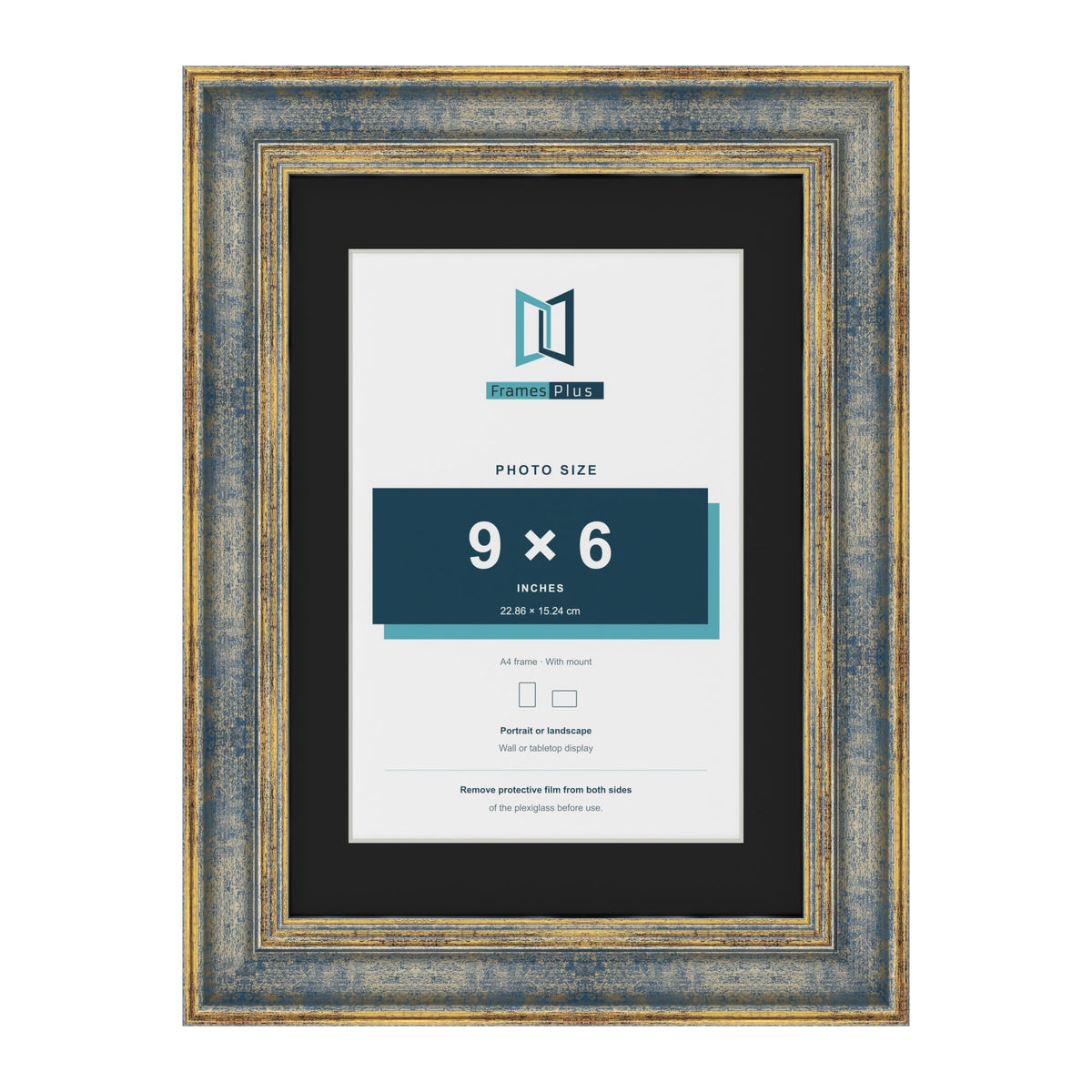 Cassis Blue A4 picture frame with a black mount for a 9 x 6 inch photo