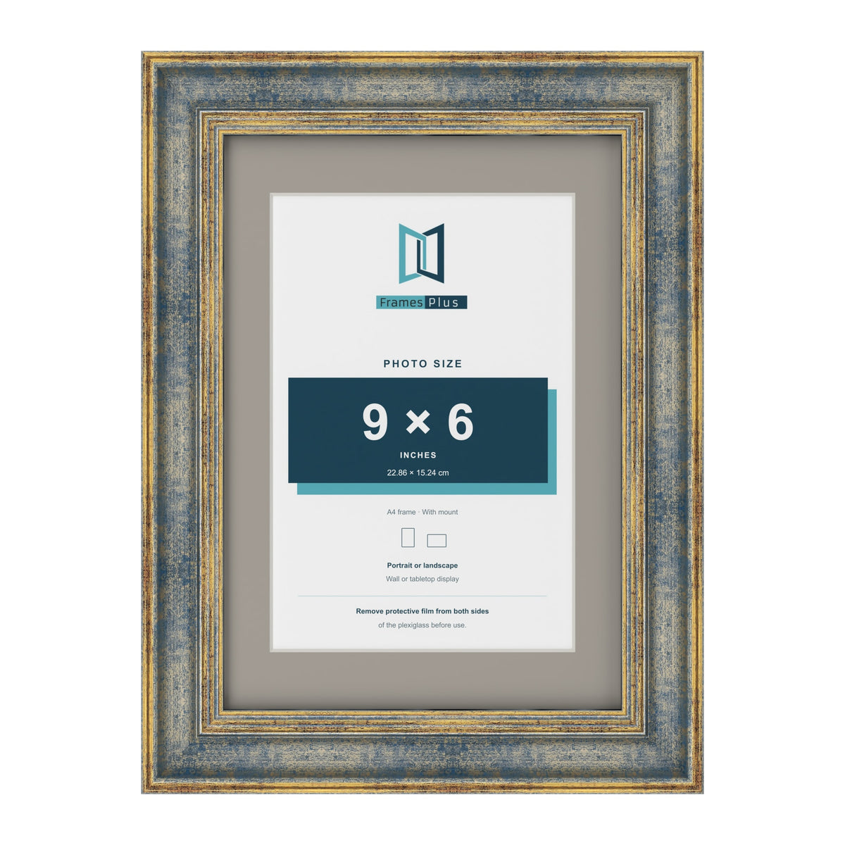 Cassis Blue A4 picture frame with a dawn grey mount for a 9 x 6 inch photo