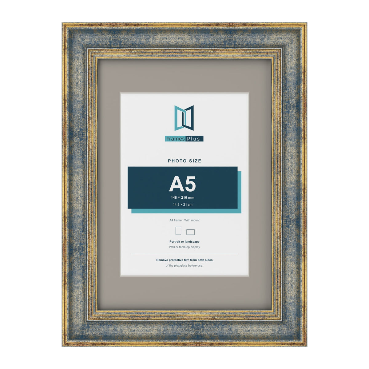Cassis Blue A4 picture frame with a dawn grey mount for an A5 photo