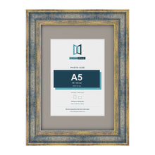 Cassis Blue A4 picture frame with a dawn grey mount for an A5 photo