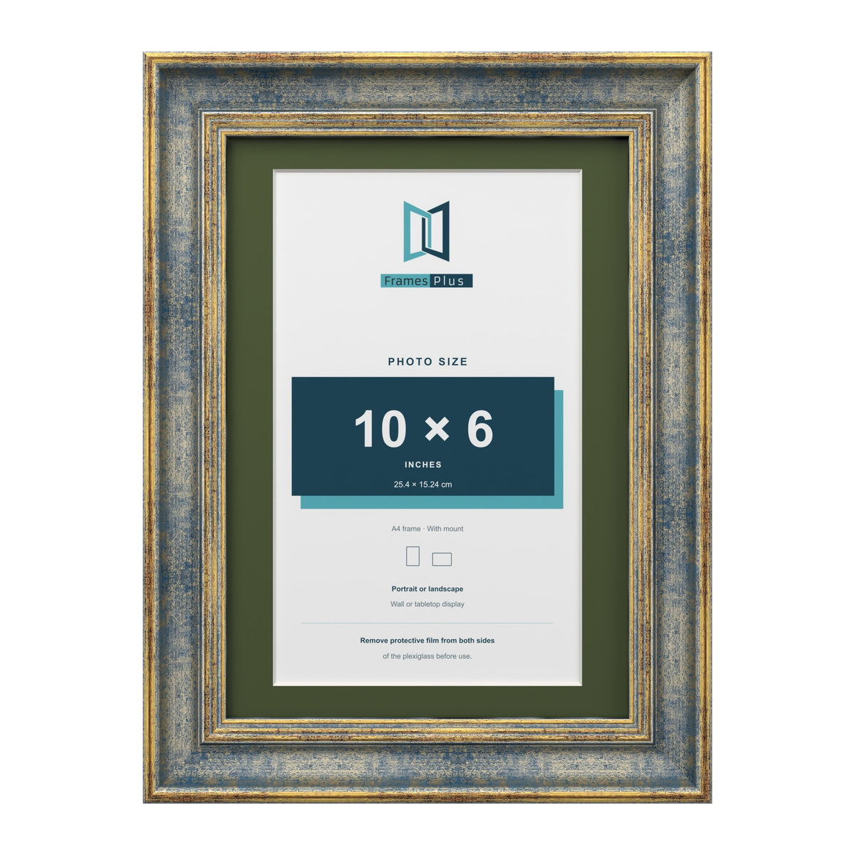 Cassis Blue A4 picture frame with a green mount for a 10 x 6 inch photo