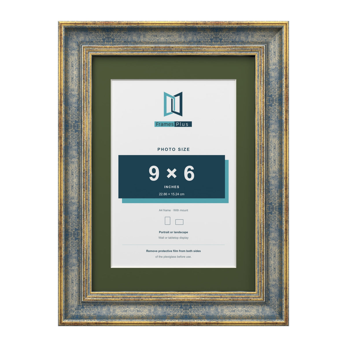 Cassis Blue A4 picture frame with a green mount for a 9 x 6 inch photo