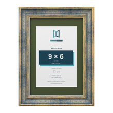 Cassis Blue A4 picture frame with a green mount for a 9 x 6 inch photo