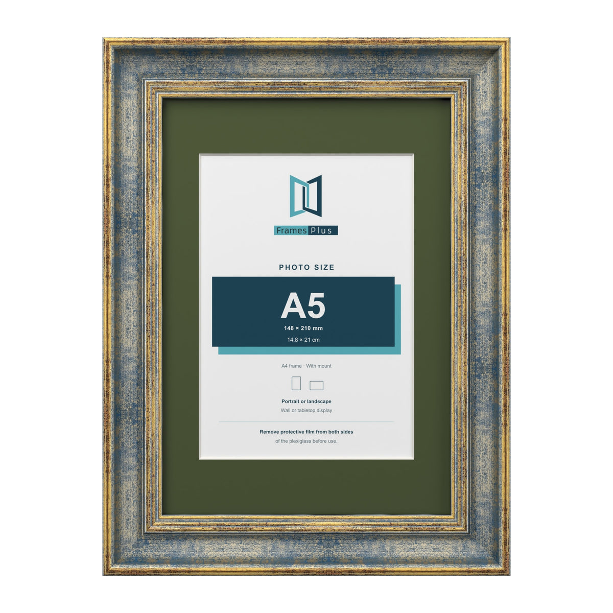 Cassis Blue A4 picture frame with a green mount for an A5 photo