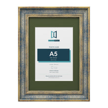 Cassis Blue A4 picture frame with a green mount for an A5 photo