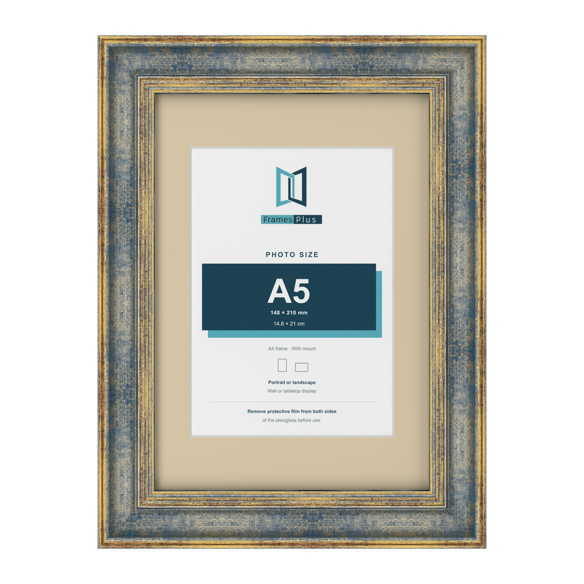 Cassis Blue A4 picture frame with an ivory mount for an A5 photo