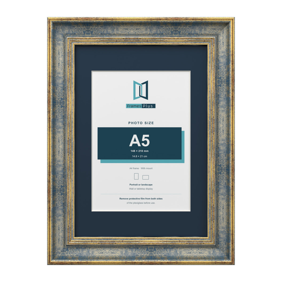 Cassis Blue A4 picture frame with a pacific blue mount for an A5 photo