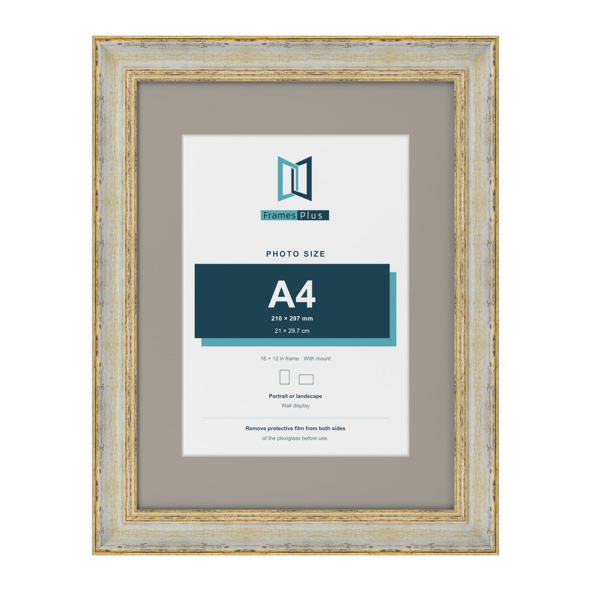 Cassis Cream 16 x 12 inch picture frame with a dawn grey mount for an A4 photo