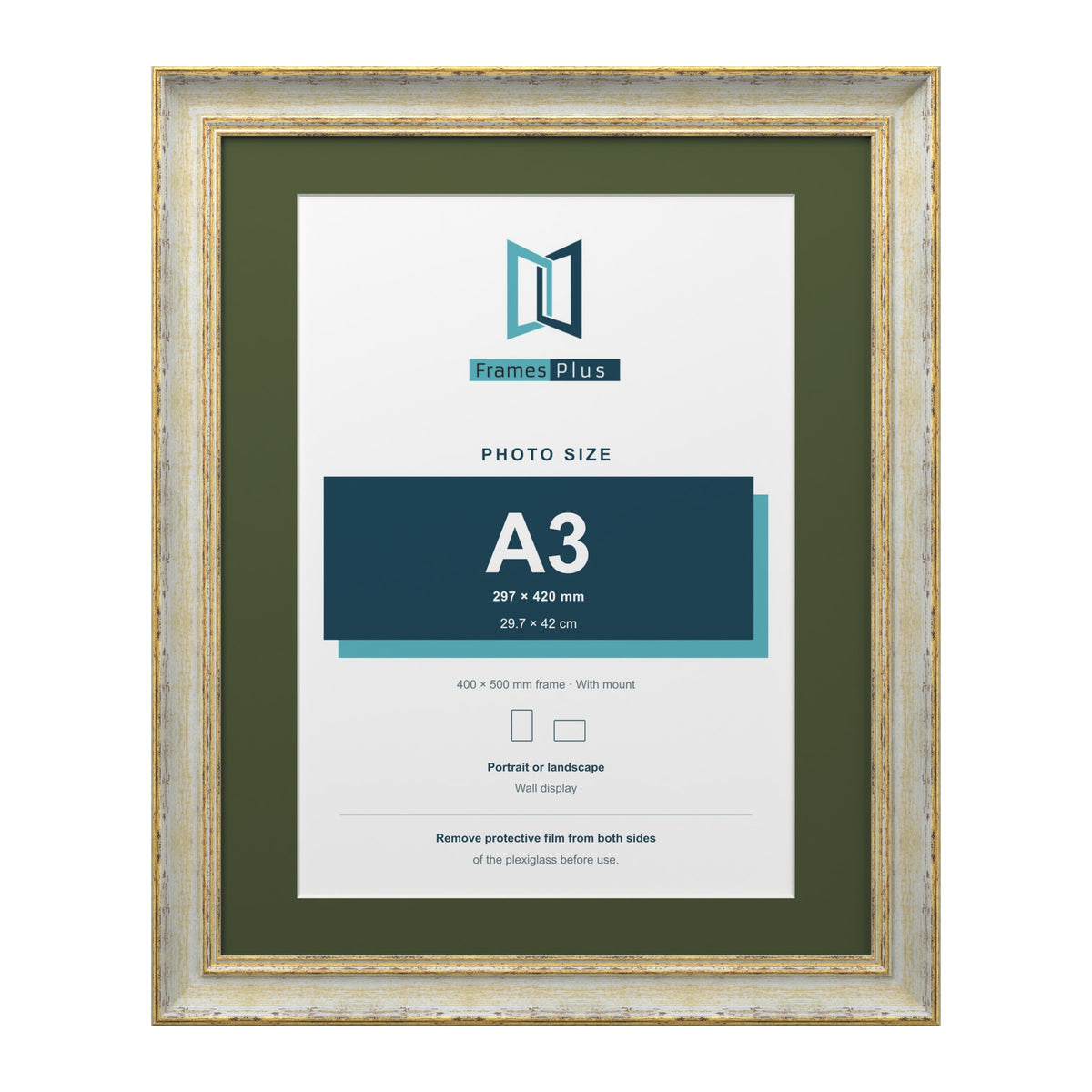 Cassis Cream 50 x 40 cm picture frame with a green mount for an A3 photo