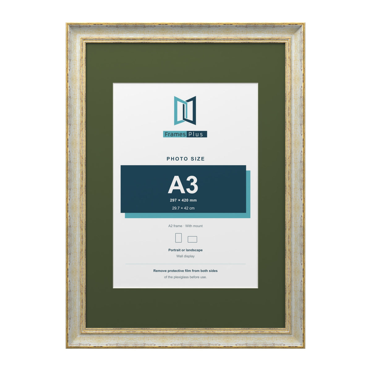 Cassis Cream A2 picture frame with a green mount for an A3 photo