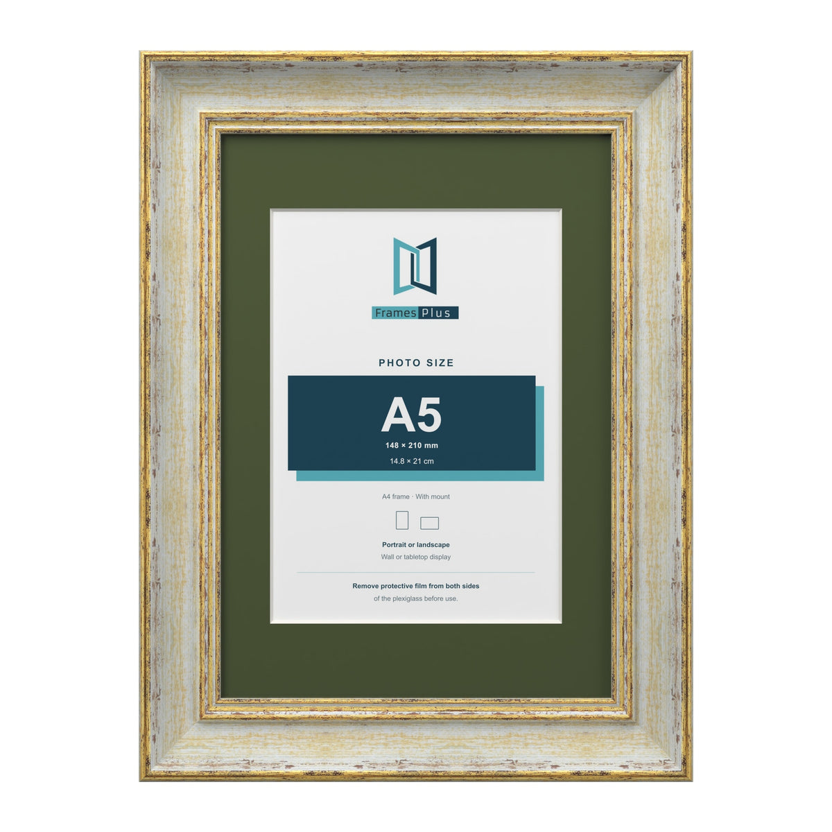 Cassis Cream A4 picture frame with a green mount for an A5 photo