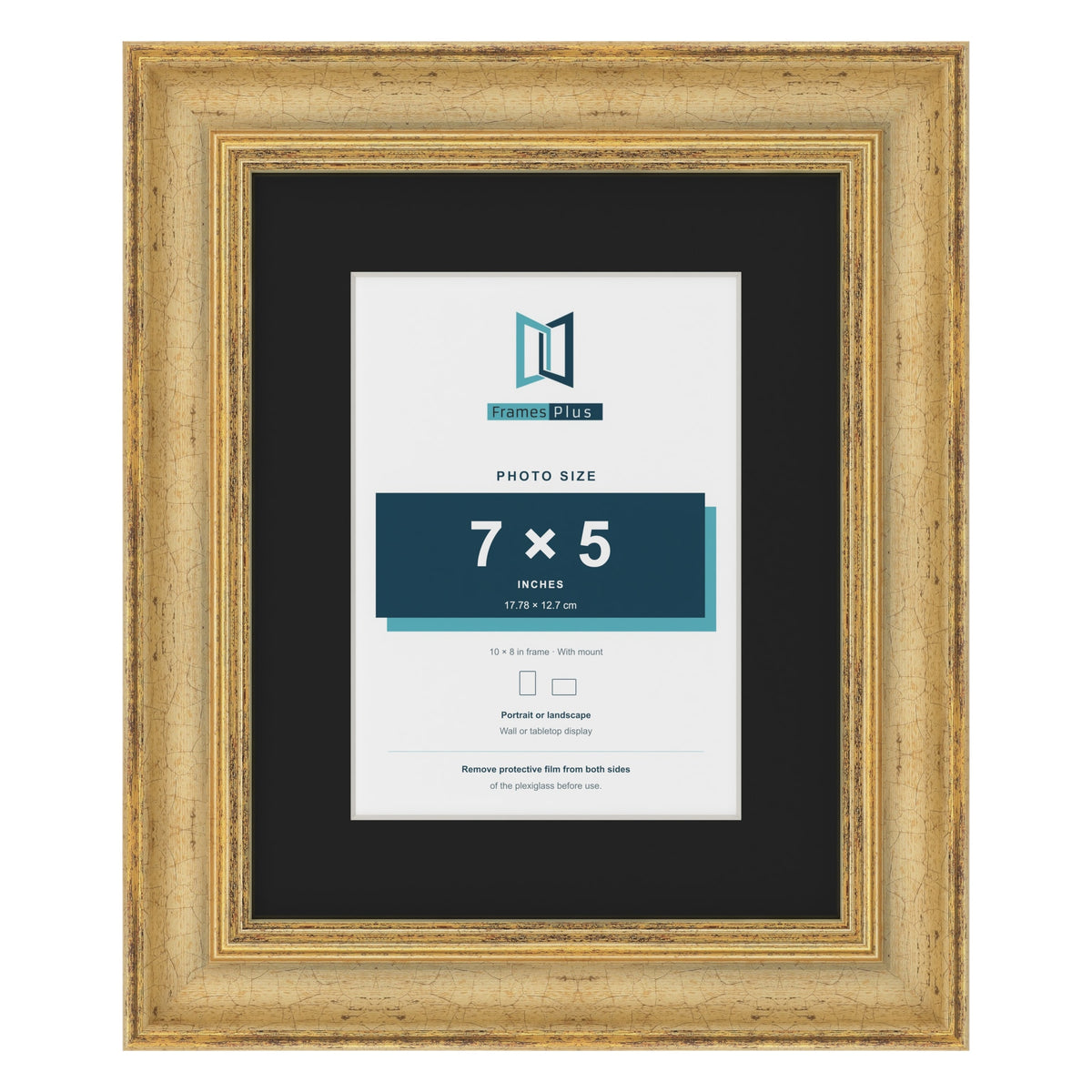 Cassis Gold 10 x 8 inch picture frame with a black mount for a 7 x 5 inch photo